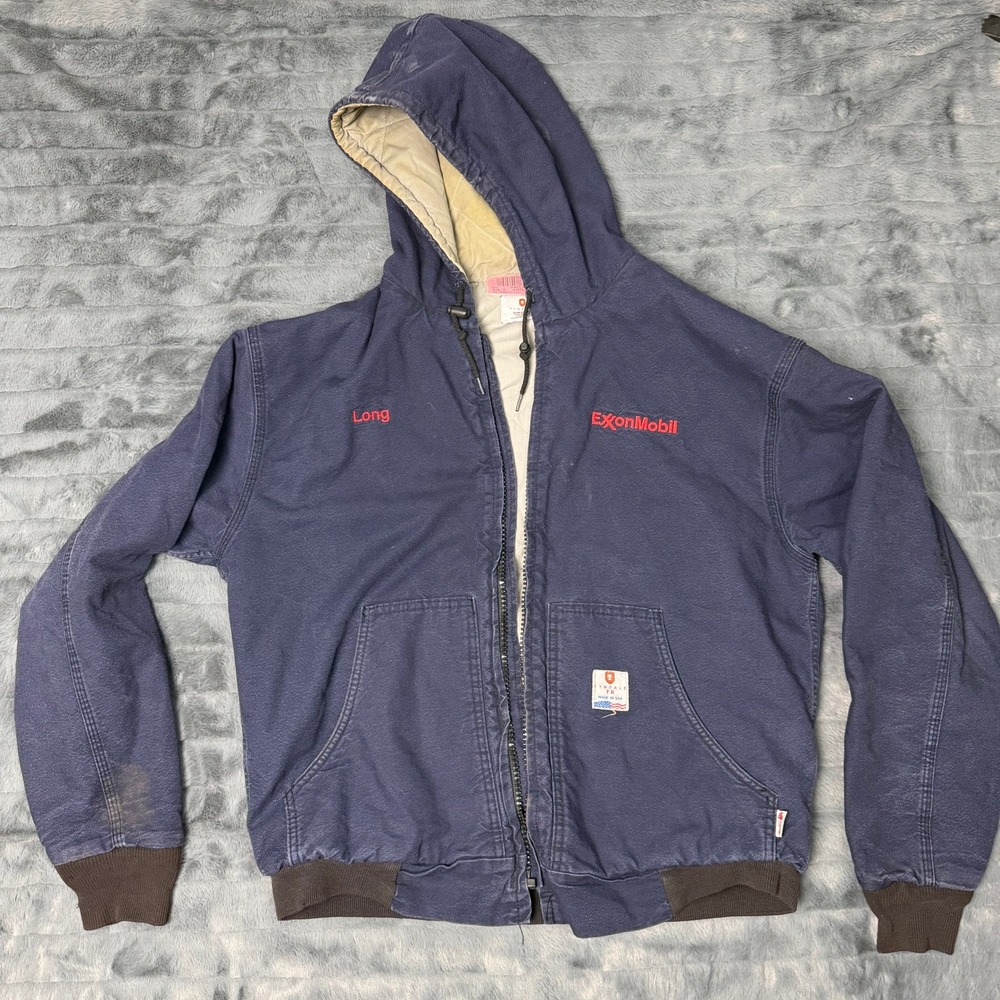 Tyndale FR Work Jacket Mens Large Navy ExxonMobil Flame Resistant Hooded HRC 4